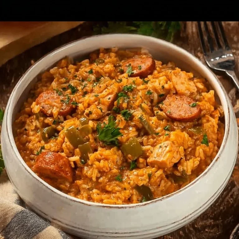 Bowl of slow cooker chicken jambalaya with rice, chicken, and vegetables