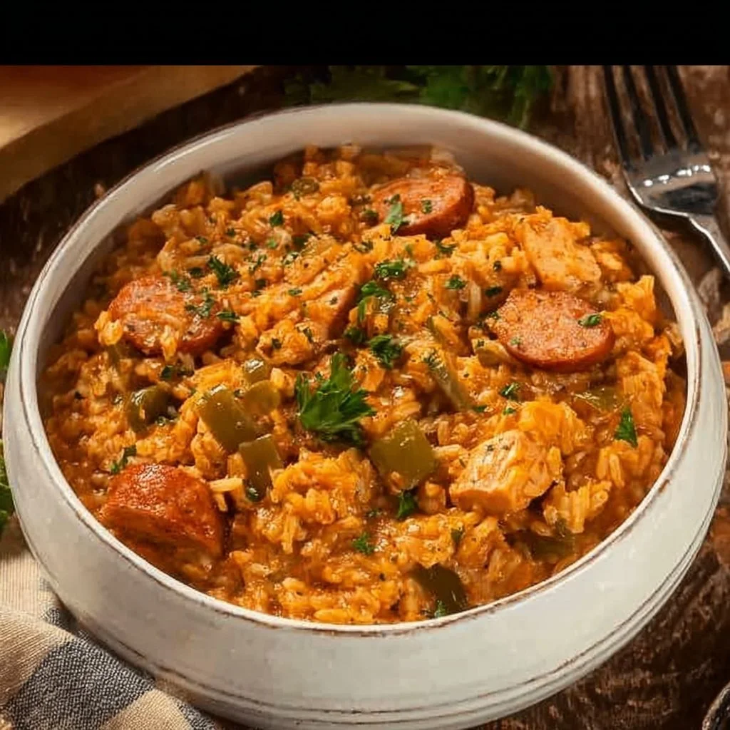 Bowl of slow cooker chicken jambalaya with rice, chicken, and vegetables
