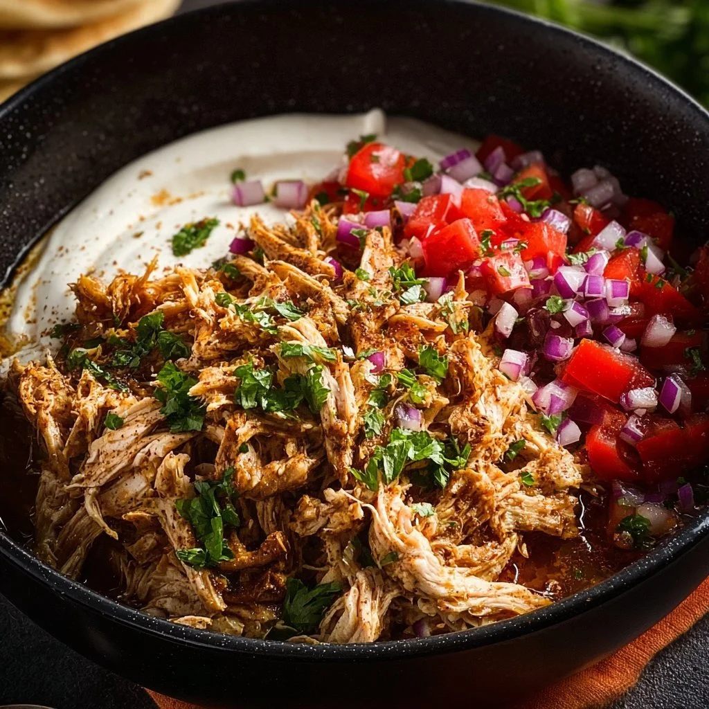 Delicious slow cooker chicken shawarma served with pita and fresh vegetables