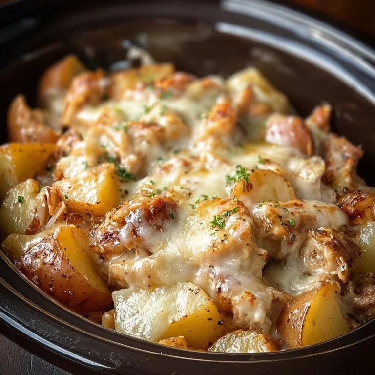 Slow Cooker Garlic Parmesan Chicken with seasoned potatoes in a creamy sauce