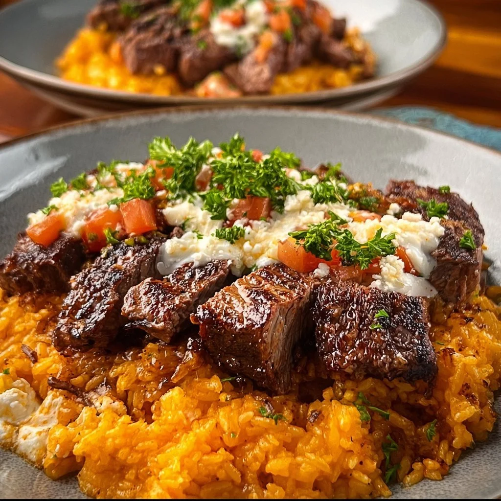 Delicious Steak Queso Rice with tender steak, melted cheese, and seasoned rice