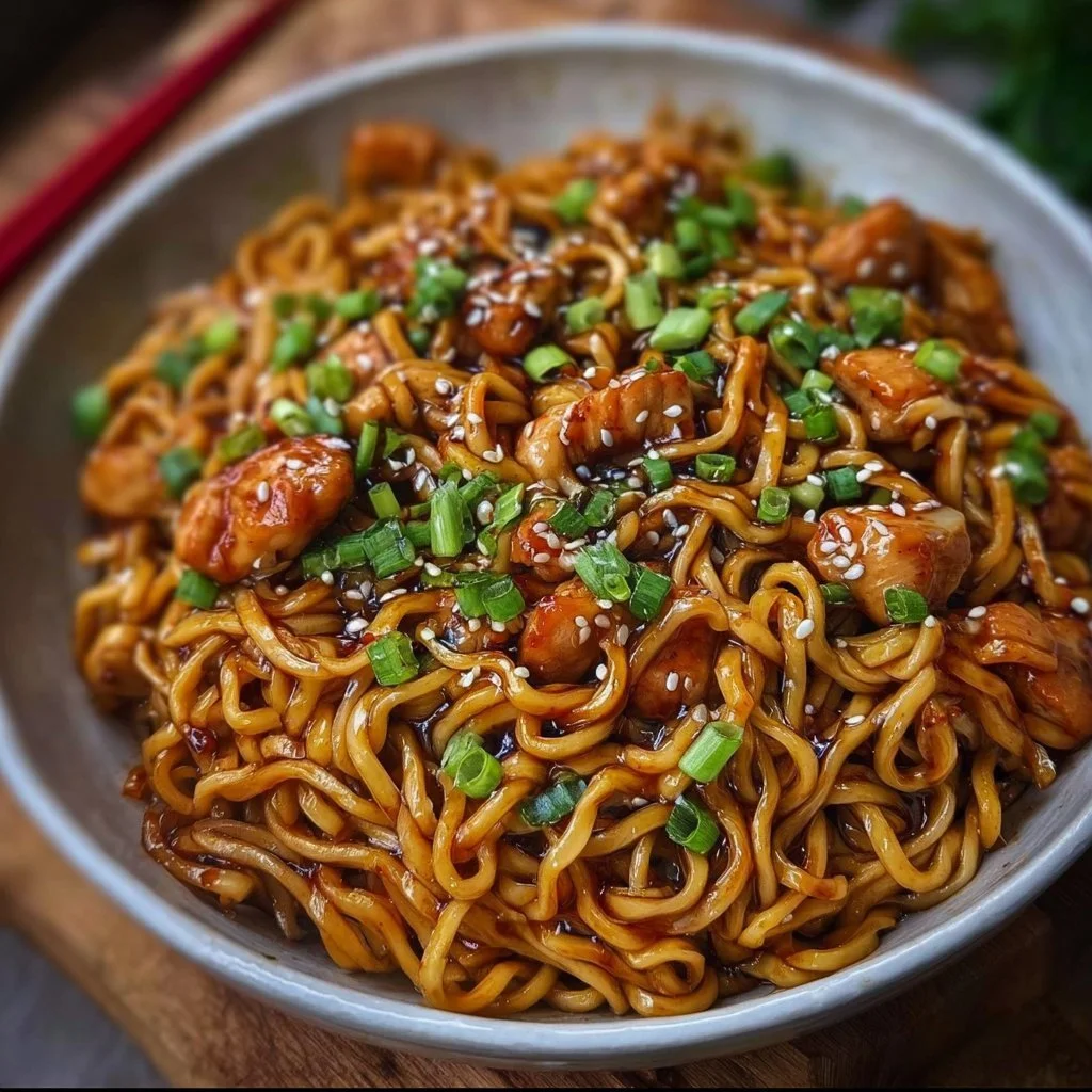 Sticky garlic chicken noodles served in a bowl garnished with green onions